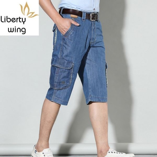 

fashion summer new brand mens short jeans cotton calf-length denim pocket loose baggy wide leg straight cargo pants, Blue