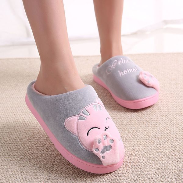 

women sleepers shoes winter home slippers cartoon cat non-slip warm indoors bedroom floor shoes schuhe, Black