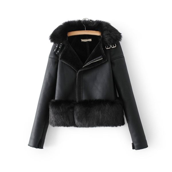 

fur collar leather coat thick winter warm faux leather jacket fleece liner motorcycle jacket women black pu