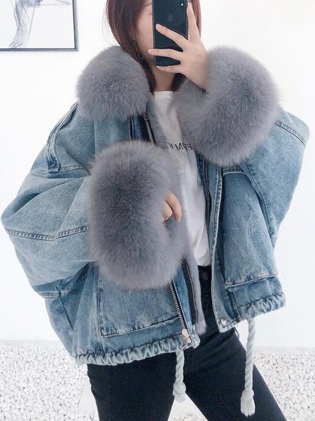 

casual style women loose fit basic jean denim jacket with real rex fur lining natural fur collar jn1, Black