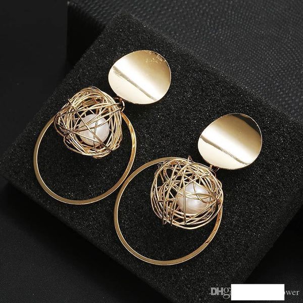 

korean temperament metal ring hollow-out pearl pendant earrings female personality exaggerated earrings, Golden;silver