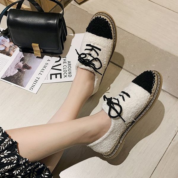 

all-match women shoes autumn round toe casual female sneakers flats 2019 fashion women's loafers fur fall winter new cross, Black