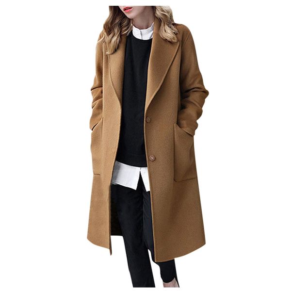 

womens woolen coat blends overcoat 2019 ladies winter turn down collar button elegant long coat outwear manteau femme hiver, Black