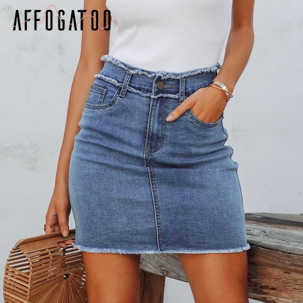 

affogatoo casual zipper summer denim skirt women tassel high waist pencil bodycon mini skirt female streetwear jeans short, Black
