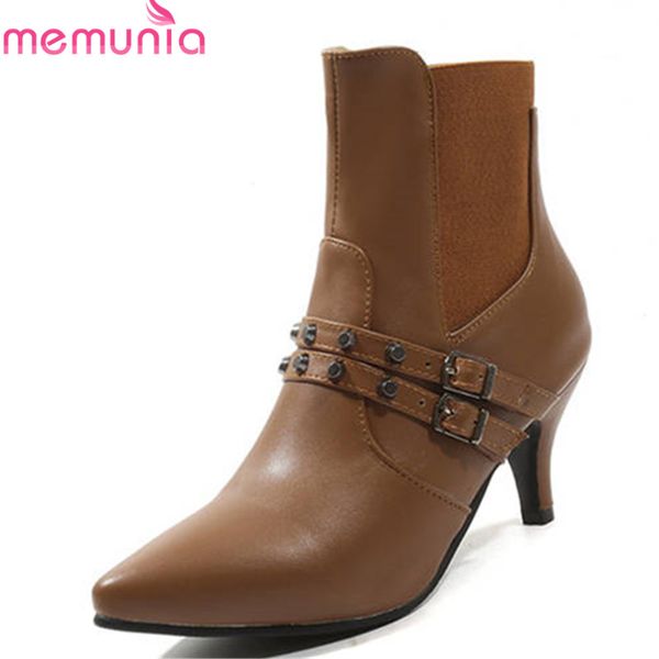 

memunia 2018 new arrive ankle boots women pointed toe autumn winter boots slip on rivet stiletto heels casual shoes woman, Black