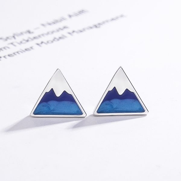 

seven kilometers triangular geometric earrings silver needle fuji snow mountain gradient blue triangle earrings copper earrings, Golden;silver