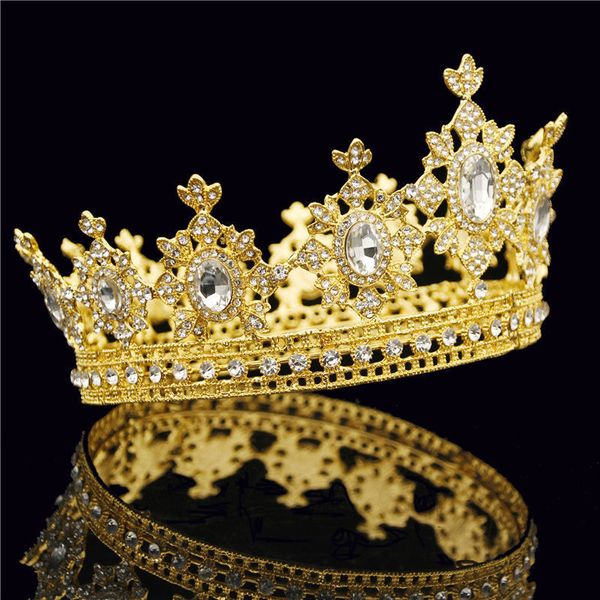 

gold crystal royal queen king tiara crown for bridal wedding hair jewelry metal clear crystal round diadem head accessories, Golden;white
