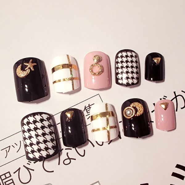 

false nails multi color short pattern 24 sheet/set fake nail tips round full cover beauty glue design art manicure stickers d40, Red;gold