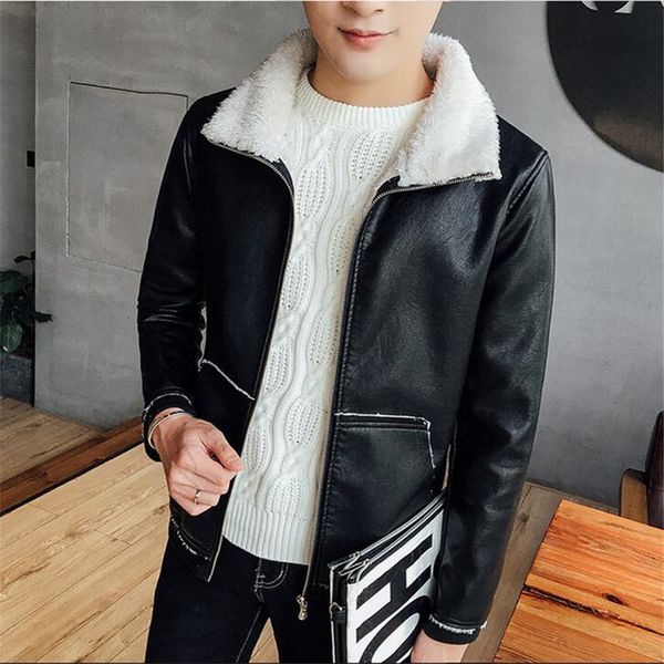 

winter leather jacket men thickening warm windbreak outwear lamb fur collar mens leather jackets and coats jackets men a2853, Black