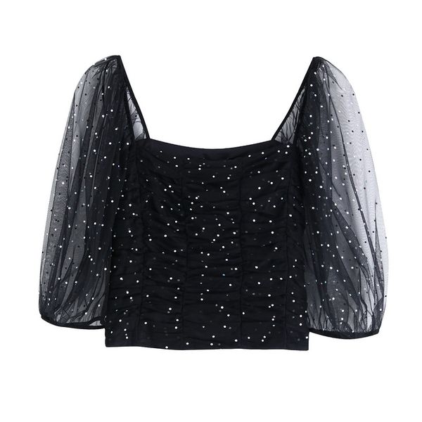 

women's blouses & shirts shine through women blouse autumn 2021 fashion shiny rhinestone black mesh square collar modern lady crop, White