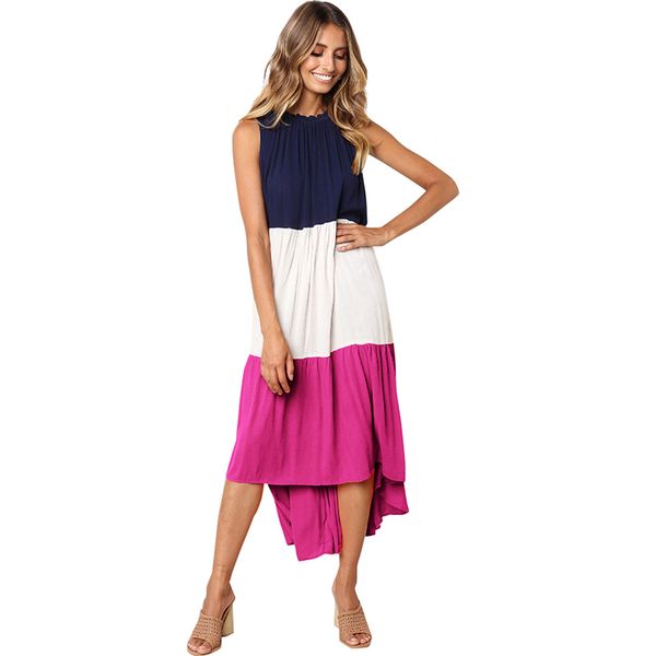 

women summer beach dress 2019 color block contrast splicing sleeveless sundress low high irregular hemline midi casual dress, Black;gray