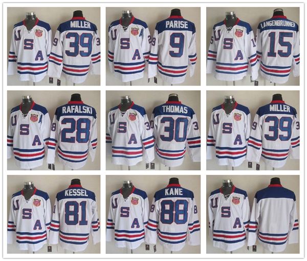 

2010 Team USA Ice Hockey Jersey Zach Parise Jamie Langenbrunner Brian Rafalski Tim Thomas Ryan Miller Phil Kessel Patrick Kane