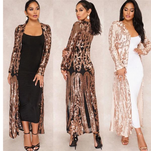 

2019 trendy see through sequins long jacket long sleeve open stitch slim women cardigan outwear night club coats, White