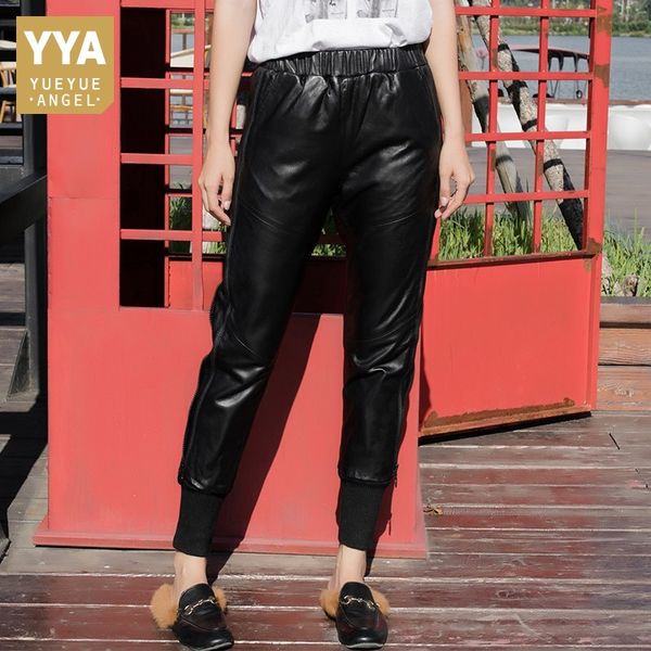 

осень зима женская натуральная кожа ребристые лоскутное шаровары эластичный пояс повседневная овчина лодыжки длина брюки плюс размер, Black;white