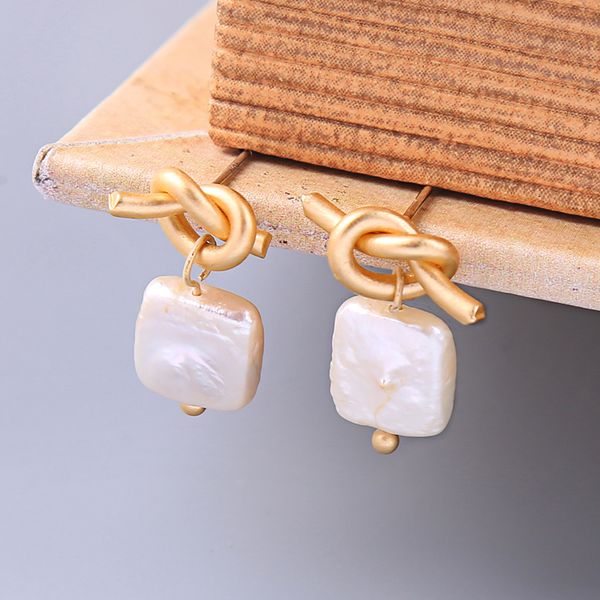

fashion drop earrings for women elegant gold color brass knot earrings special cultured pearl square drop women jewelry, Silver