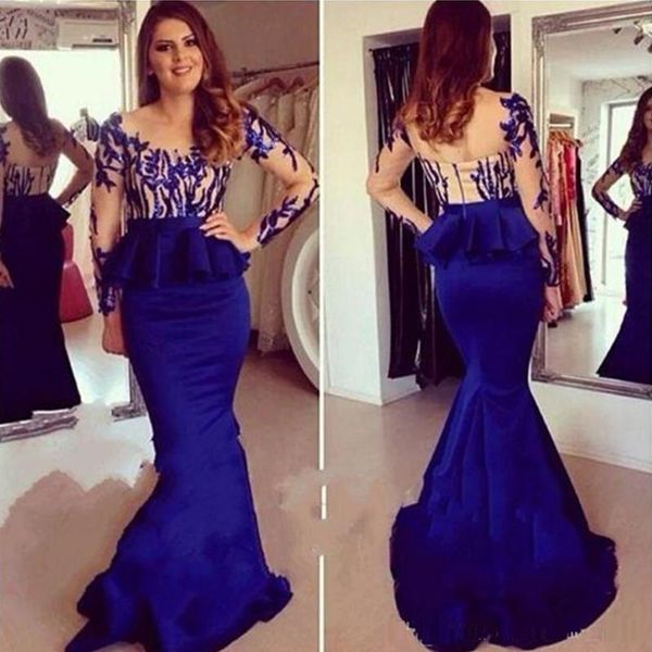 

royal blue mermaid long sleeve evening gowns lace applique elegant formal prom dresses aso ebi lace styles zuhair murad dress, Black