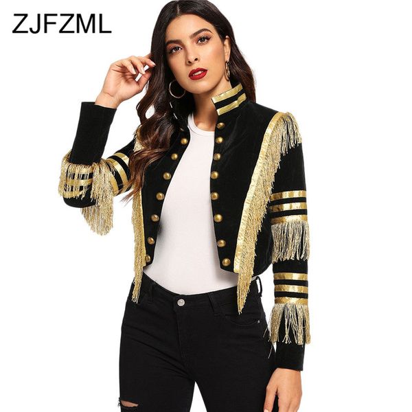 

fashion lady fringe patched metallic double breasted stripe black gothic jacket women autumn stand collar cropped jacket women, Black;brown