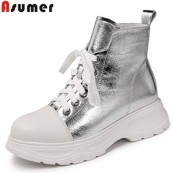 

asumer big size 34-42 new genuine leather boots women zip flat platform ankle boots mixed colors autumn winter womens 2020, Black