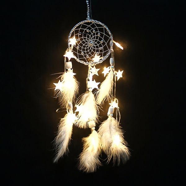 Feathers Beads Wall Hanging Decoration Mascot Craft Gifts Diy Material Kit Stars String Lights Handmade Dream Catcher Net With Novelty Home Gifts