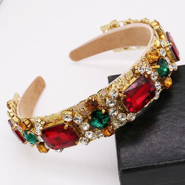 

luxury baroque metal flower women headdress elegant red gem birthday gift accessories hair crystal jewelry wedding headwear, Golden;white