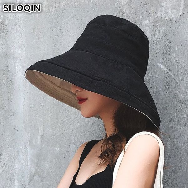 

siloqin double-sided wearable women's bucket hat foldable big brim sunshade cap elegant fashion wild beach hats for women, Blue;gray