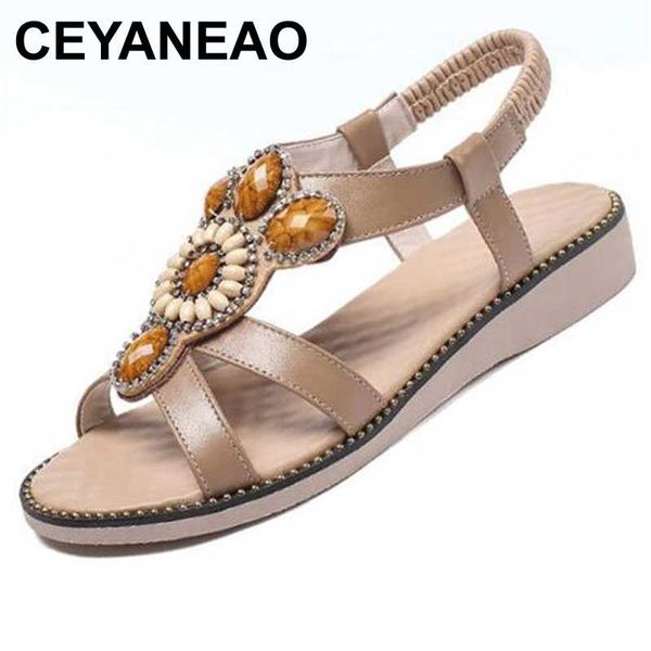 

ceyaneao2020summer new rhinestone chain pearl flat beach sandals genuine leather women sandals comfort light fashionl sandal, Black