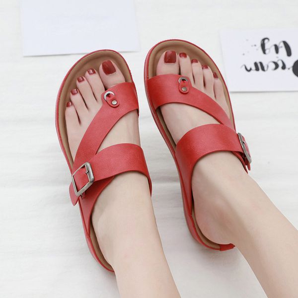 

summer beach slippers women's clip toe comfortable flip flop metal belt buckle slippers beach shoes holiday shoes fashion, Black