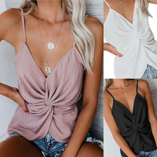 

2019 summer sleeveless knot camis womens casual strappy backless solid color loose basic fashion hot, White