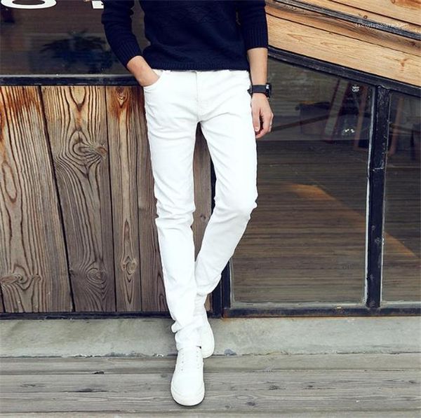 

fashion slim mens stretch trousers white black mens jeans solid color mens pencil pants youth casual