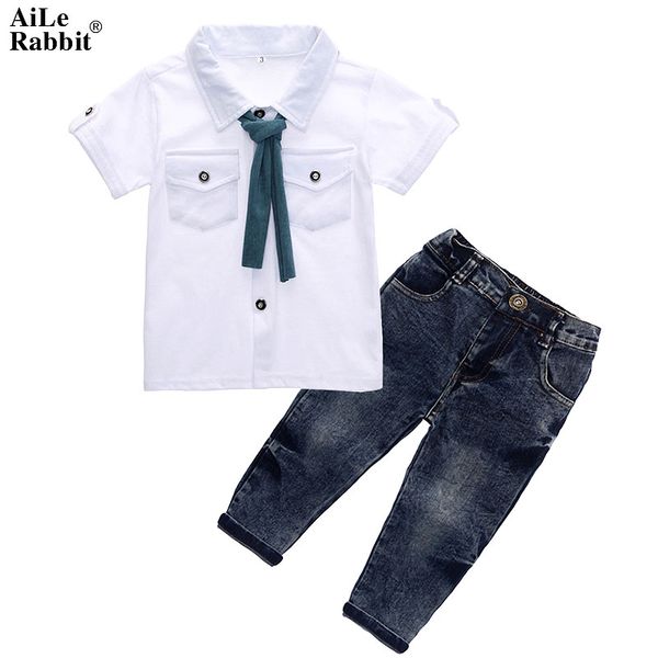 

aile 2018 boys gentleman suit short-sleeved t-shirt + jeans + scarf 3pcs fashion ins style pocket children's clothing set, White