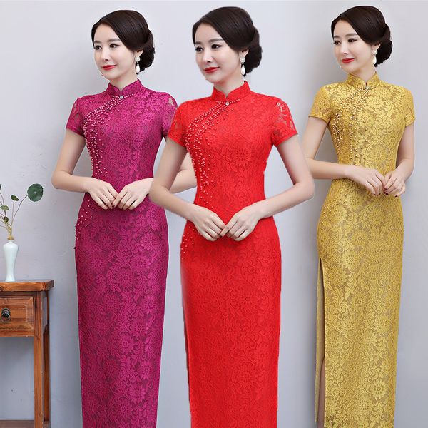 

rose red yellow women novelty elegant cheongsam lace chinese style evening dress 2018 new lady slim qipao