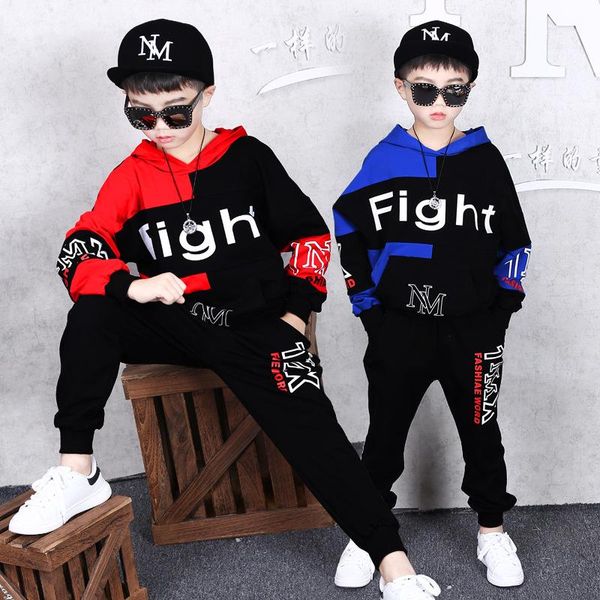 

2 sets children's clothing boys autumn and winter sweater sweatpants new long-sleeved color matching coat pants hip-hop jacket two-piec, White