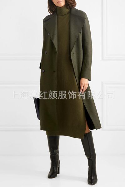 

vintage double breasted women long wool blend coat long elegant cashmere jacket solid wide-waisted ladies coats, Black