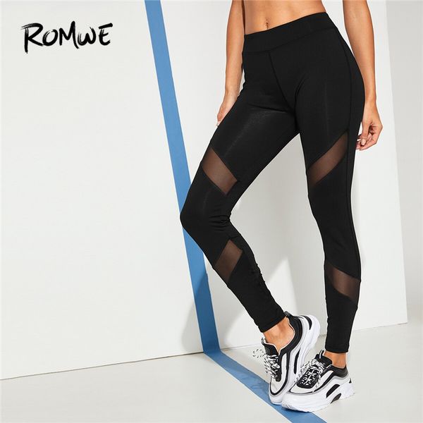 

romwe sport solid contrast mesh gym leggings black yoga pants women autumn athletic seamless leggings high waisted workout pants, White;red