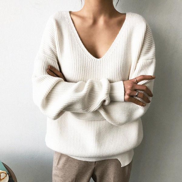 

women's sweaters v-neck casual solid long sleeve loose pullovers irregular pullover knitting, White;black