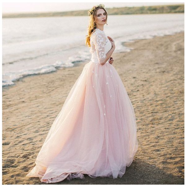 

2020 boho половина рукава робы де mariée vintage jewel шеи кружева топ новый розовый свадебные платья опухшие тюль a line свадебные платья с, White