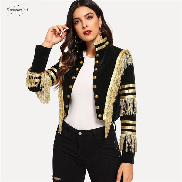 

lady fringe jacket patched metallic double breasted black stripe gothic women autumn stand collar cropped jacket, Black;brown