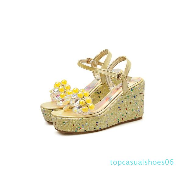 

yellow sandals 9cm heel wedges sandals summer beaded rhinestone heels women platform heels sandales femme t06, Black