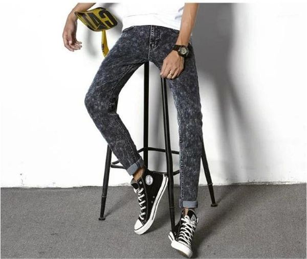 

pencil pants mens causal mid waist regular slim long jeans fashion autumn male apparel designer skinny, Blue