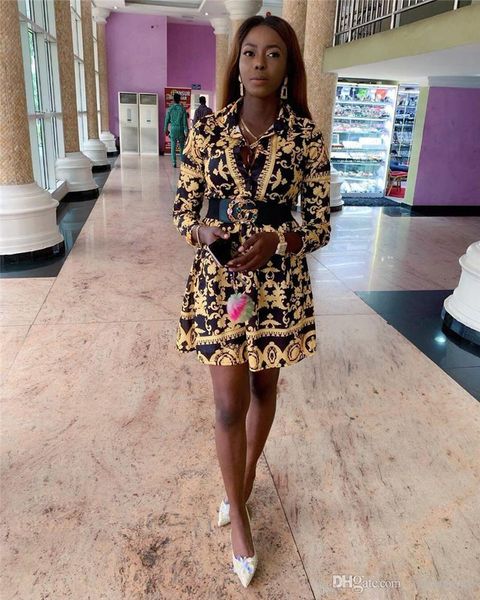 

женская desigenr цифрового печатного платье осени отворот шея платье мода длинные рукава платье, Black;gray