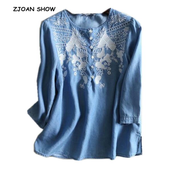 

2019 spring new casual white flower embroidery denim shirt blue ethnic women open button round neck 3/4 sleeve denim blouse