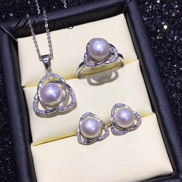 

natural pearl set,jewelry sets pearl pendant necklace ring earrings for women 925 sterling silver wedding party jewelry gift, Slivery;golden