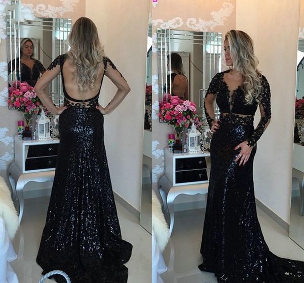 

mermaid formal evening prom dresses with sequins lace appliques long sleeve party gowns backless elegant arabic vestido de fiesta, Black