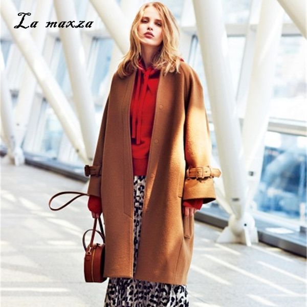 

winter coat women wool long coat 2018 vintage fashion korean coats elegant camel loose cashmere women, Black