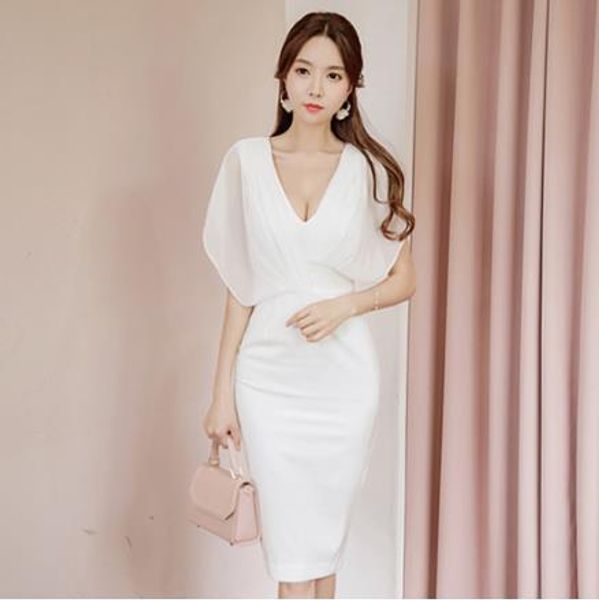 

summer dress women elegant white v-neck batwing sleeve slim sheath dress bodycon formal work offie lady lj484, Black;gray
