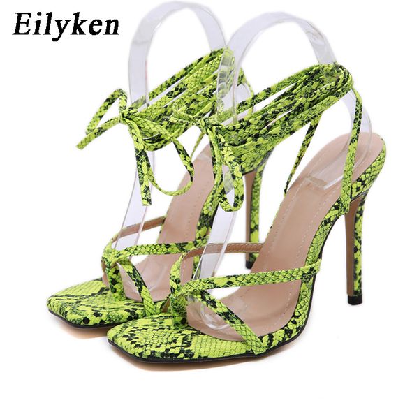 

eilyken new design snake grain fashion fluorescent green sandals ankle strap sandals lace-up thin high heels party shoes, Black