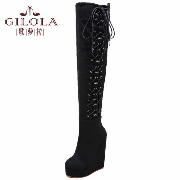 

new winter fashion women boots over the knee high heels pointed wedge heel long boots women shoes quality #y0058934y, Black