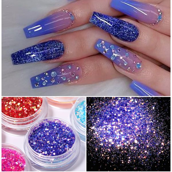 

1 box colorful nail glitter powder purple blue color series nail sequins flakes 3d art tips diy design decoration, Silver;gold