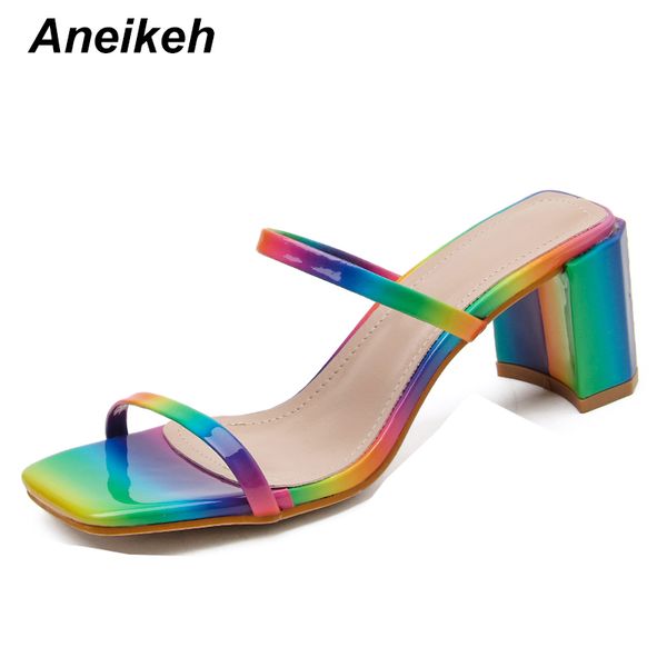 

slippers aneikeh 2021 summer narrow band patent leather pu slipper woman high heels peep toe mules outside ladies slides party shoe, Black