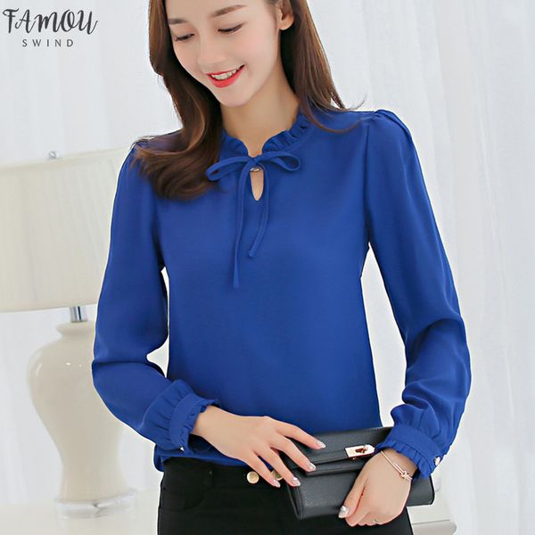 

women blouses spring summer blouse office ladies long sleeve shirts leisure chiffon shirt blue pink white slim bow